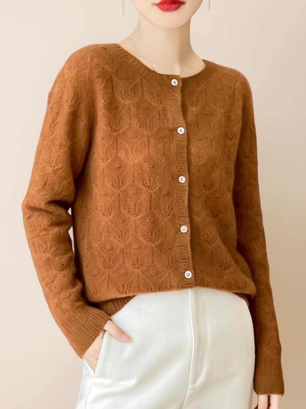 100% Merino Wool Open Front Jacquard Crew Neck Cardigan Button Up Knitted